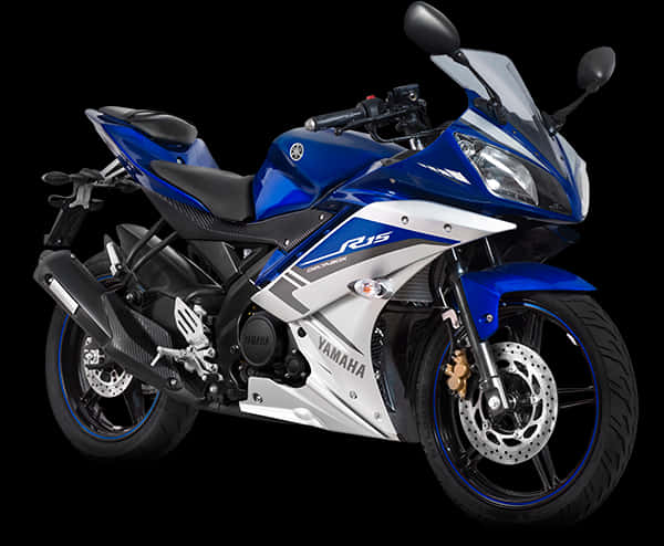 機車 桌布 壁紙 — 一台時尚的藍白配色Yamaha R15運動機車，帶有黑色點綴和碳纖維細節，孤立地矗立在純黑色背景前。