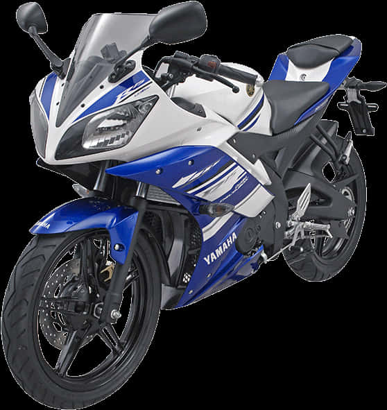 機車 桌布 壁紙 — 一台時尚的藍白配色Yamaha運動機車，帶有黑色點綴和銳利的空氣動力線條。