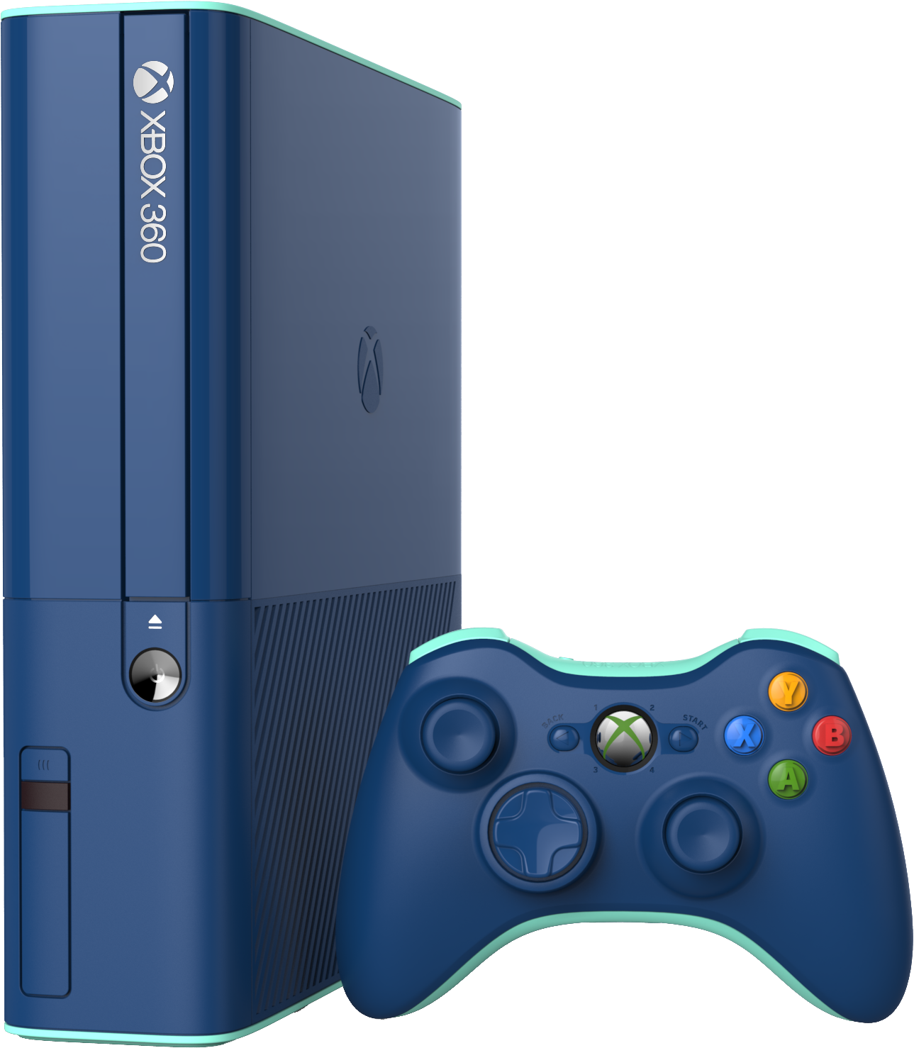 Xbox 桌布 壁紙 — 一台時尚的藍色 Xbox 360 主機，配備相配的控制器，帶有彩色按鈕，背景為黑色。