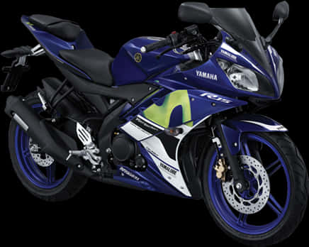 機車 桌布 壁紙 — 一台時尚的藍色Yamaha R15運動機車，帶有螢光綠色點綴，在純黑背景上蓄勢待發。