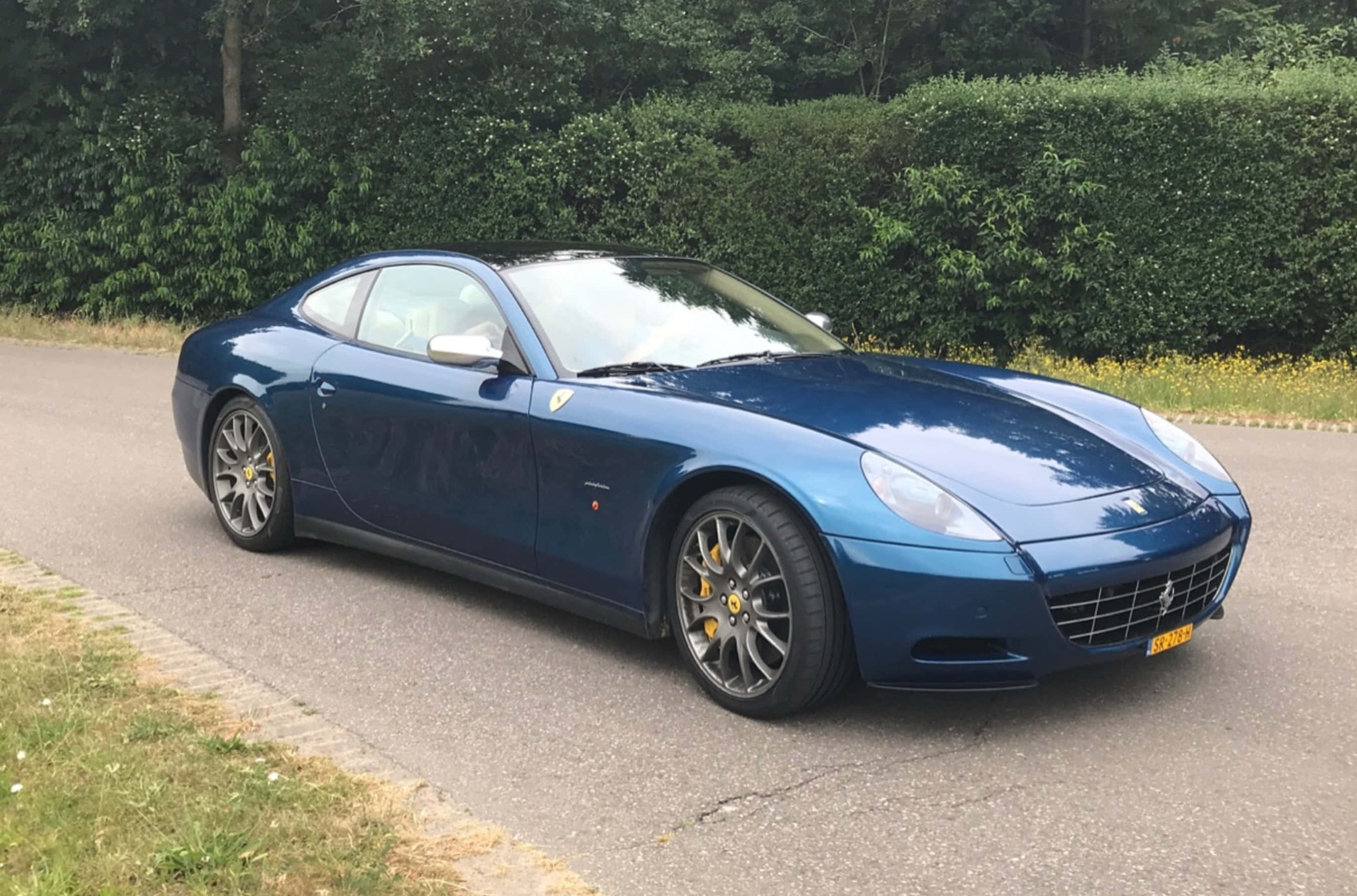 Ferrari 612 Scaglietti 桌布 壁紙 — 一台時尚的藍色法拉利612 Superamerica停放在鋪砌的道路上，旁邊有綠色樹籬和草地。