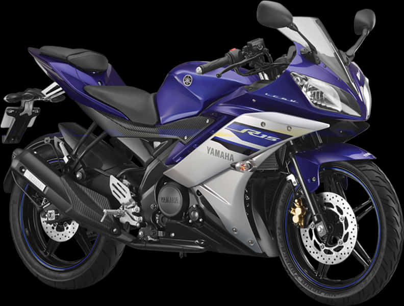 機車 桌布 壁紙 — 一台時尚的藍銀色Yamaha R15運動機車，帶有黑色飾件和金色制動卡鉗，立在黑色背景前。