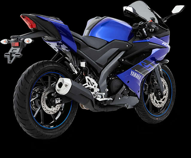 機車 桌布 壁紙 — 一台時尚的藍黑配色Yamaha運動摩托車，帶有藍色點綴和鍍鉻細節，在黑色背景上以側面輪廓展示。