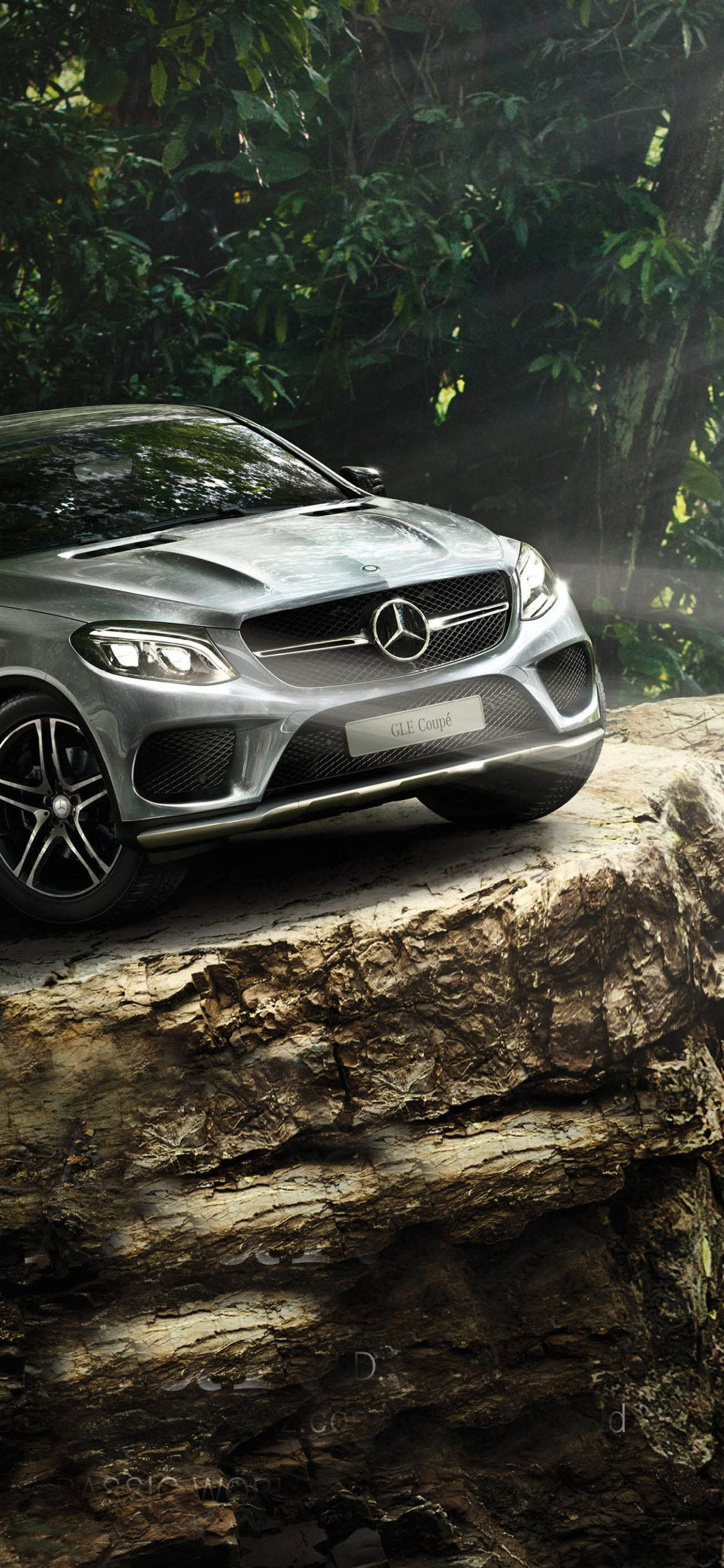 X 桌布 壁紙 — 一台時尚的銀色 Mercedes-AMG GLE Coupe 停泊在茂密森林中一塊崎嶇的岩石上，斑駁的陽光穿過樹林灑落。