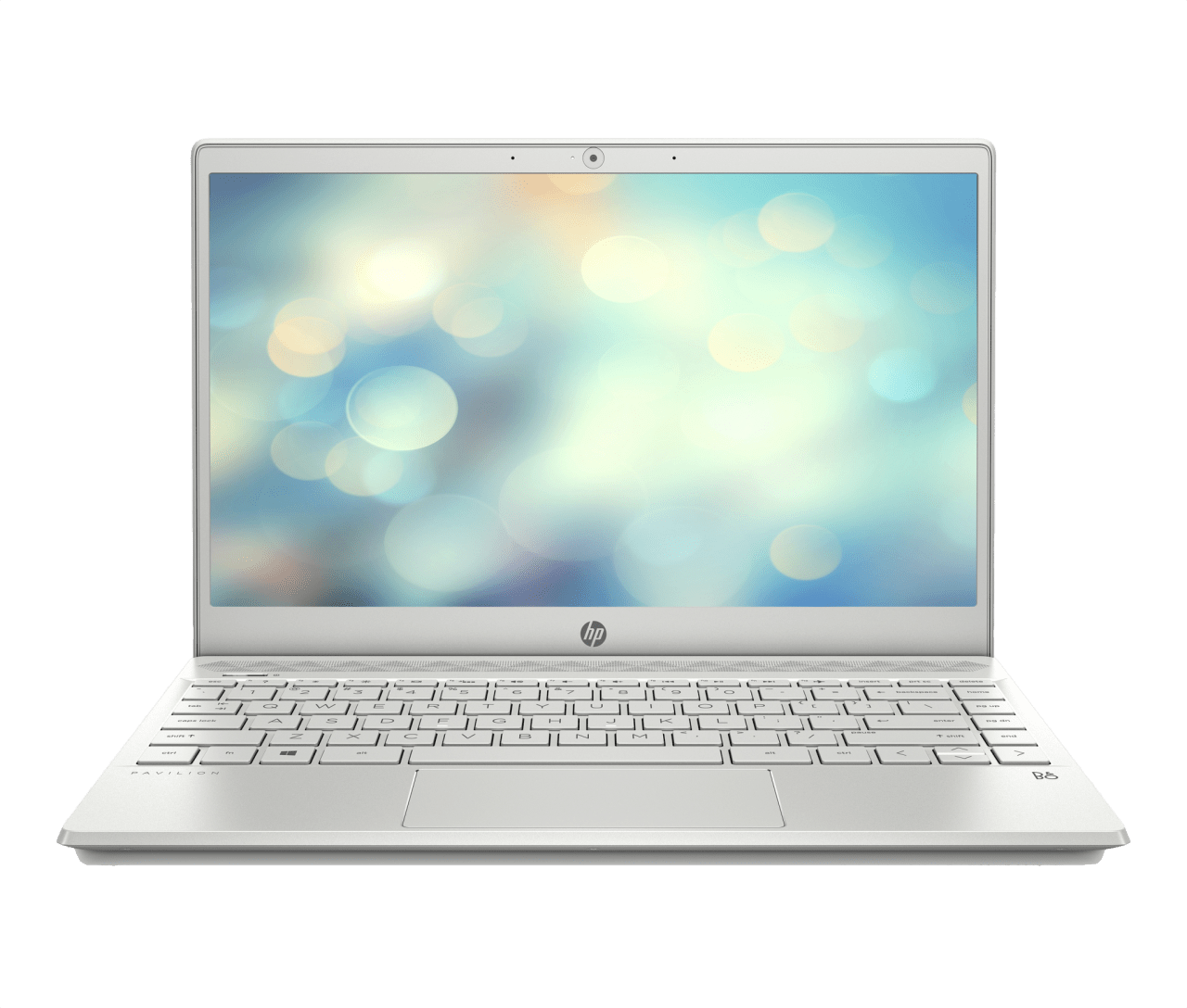 Hp Logo 桌布 壁紙 — 一台時尚的銀色HP筆記型電腦在純綠色背景上打開，帶有散景光螢幕顯示。