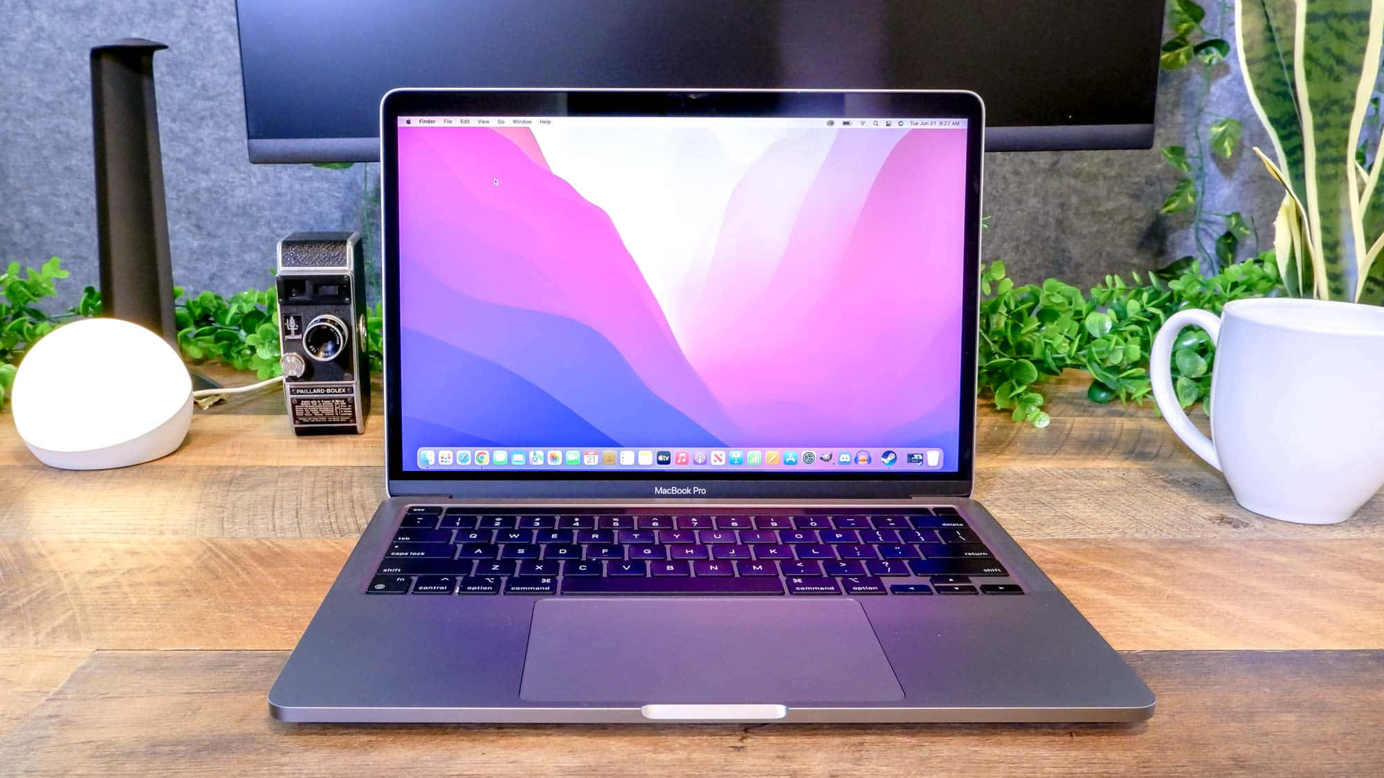 MacBook 動態圖片 桌布 壁紙 — 一台時尚的銀色MacBook Pro打開放在木桌上，周圍有綠色植物、白色杯子和復古相機。