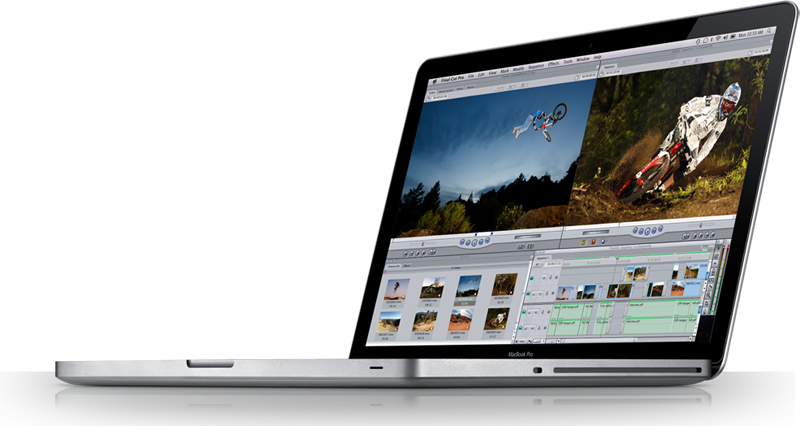 MacBook 動態圖片 桌布 壁紙 — 一台時尚的銀色MacBook Pro顯示Adobe Premiere Pro正在編輯一段動態的越野摩托車影片，包含分割畫面動作鏡頭。