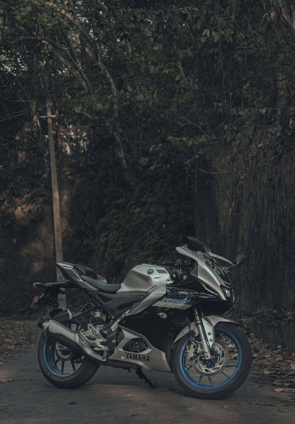 桌布 壁紙 — 一台時尚的銀色Yamaha跑車機車，藍色輪圈，停放在茂密樹林下、長滿青苔的石牆旁邊的碎石路上。