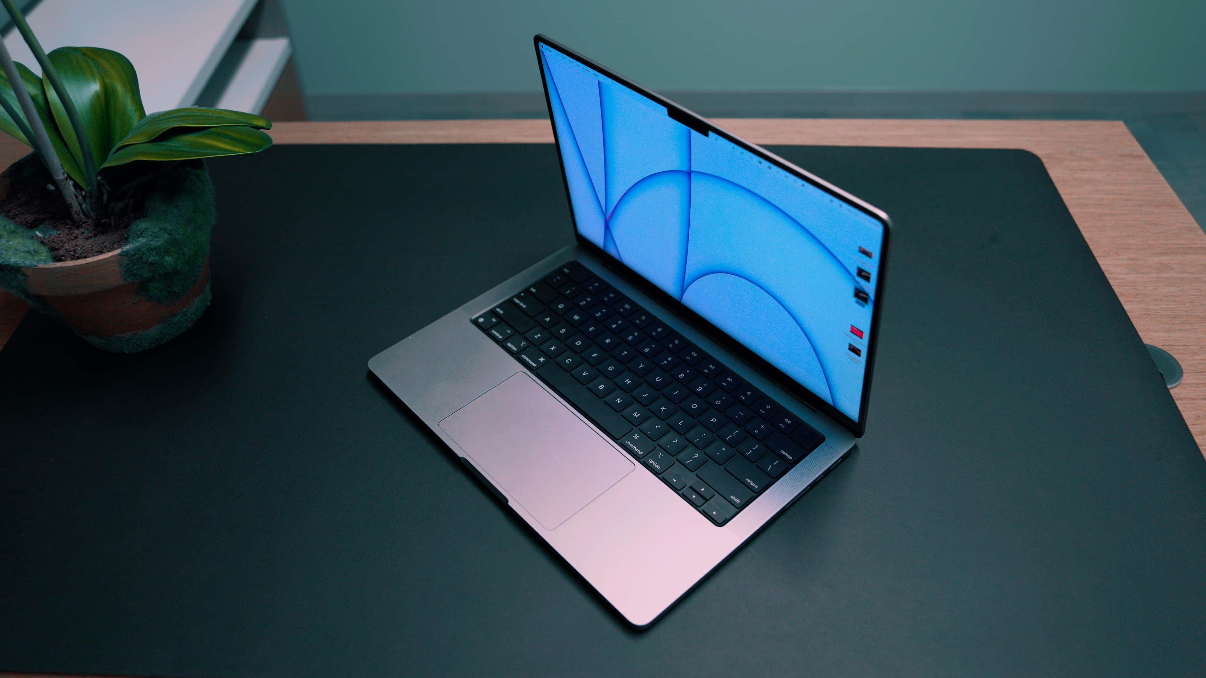 MacBook 動態圖片 桌布 壁紙 — 一台時尚的銀色筆記型電腦，帶有藍色抽象螢幕，打開放在黑色桌子上，旁邊有一盆綠色植物。