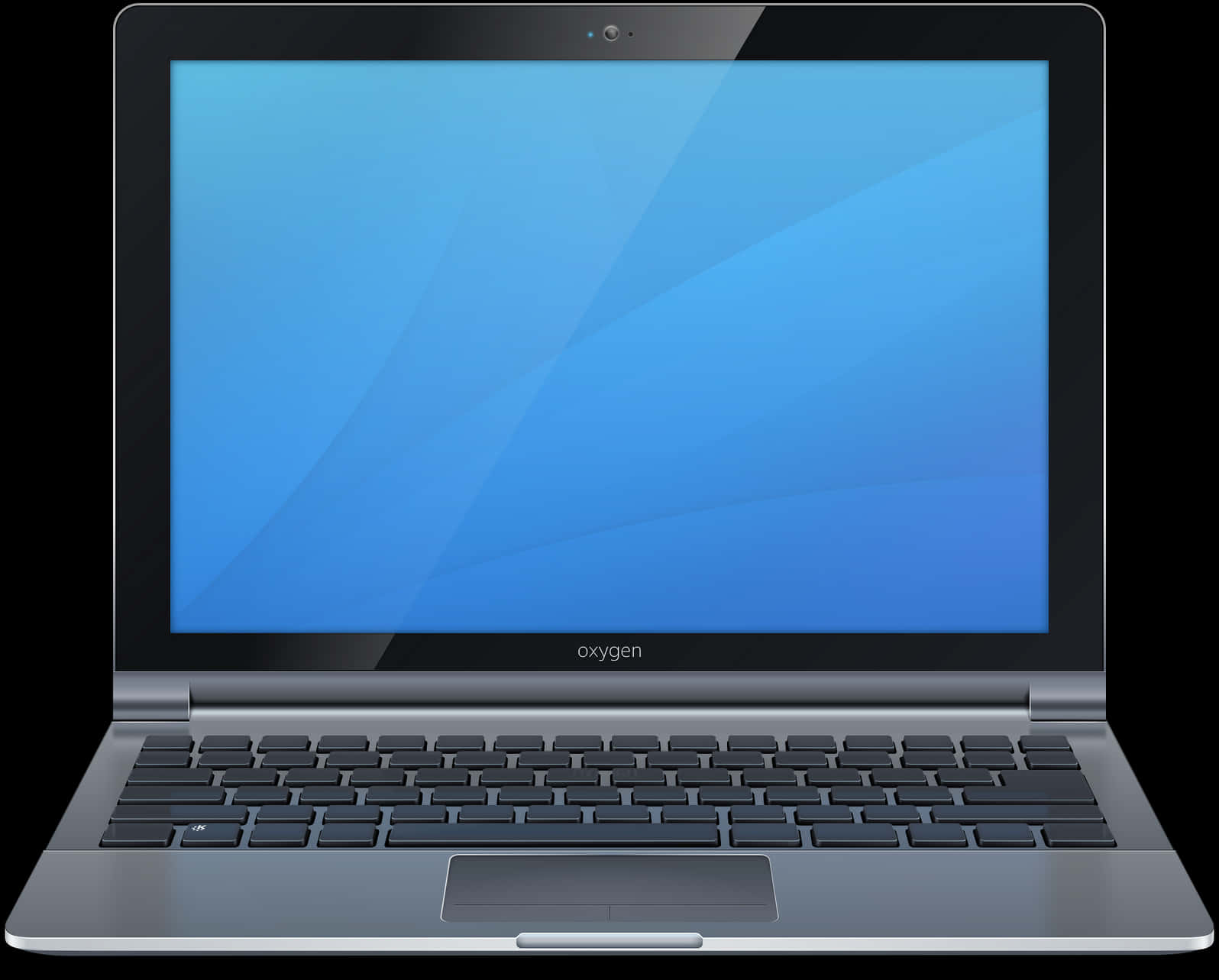 Laptops 桌布 壁紙 — 一台時尚的銀色筆記型電腦，帶有藍色漸層螢幕和「oxygen」品牌標誌，打開放在黑色背景上。