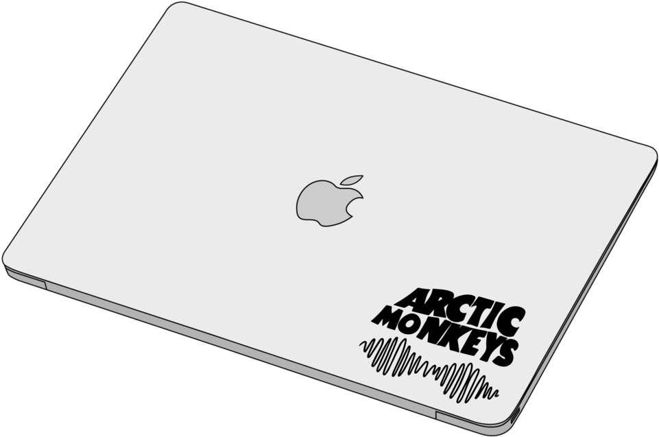 北極 桌布 壁紙 — 一台時尚的銀色筆記型電腦，蓋上貼有Arctic Monkeys貼紙，背景為黑色。