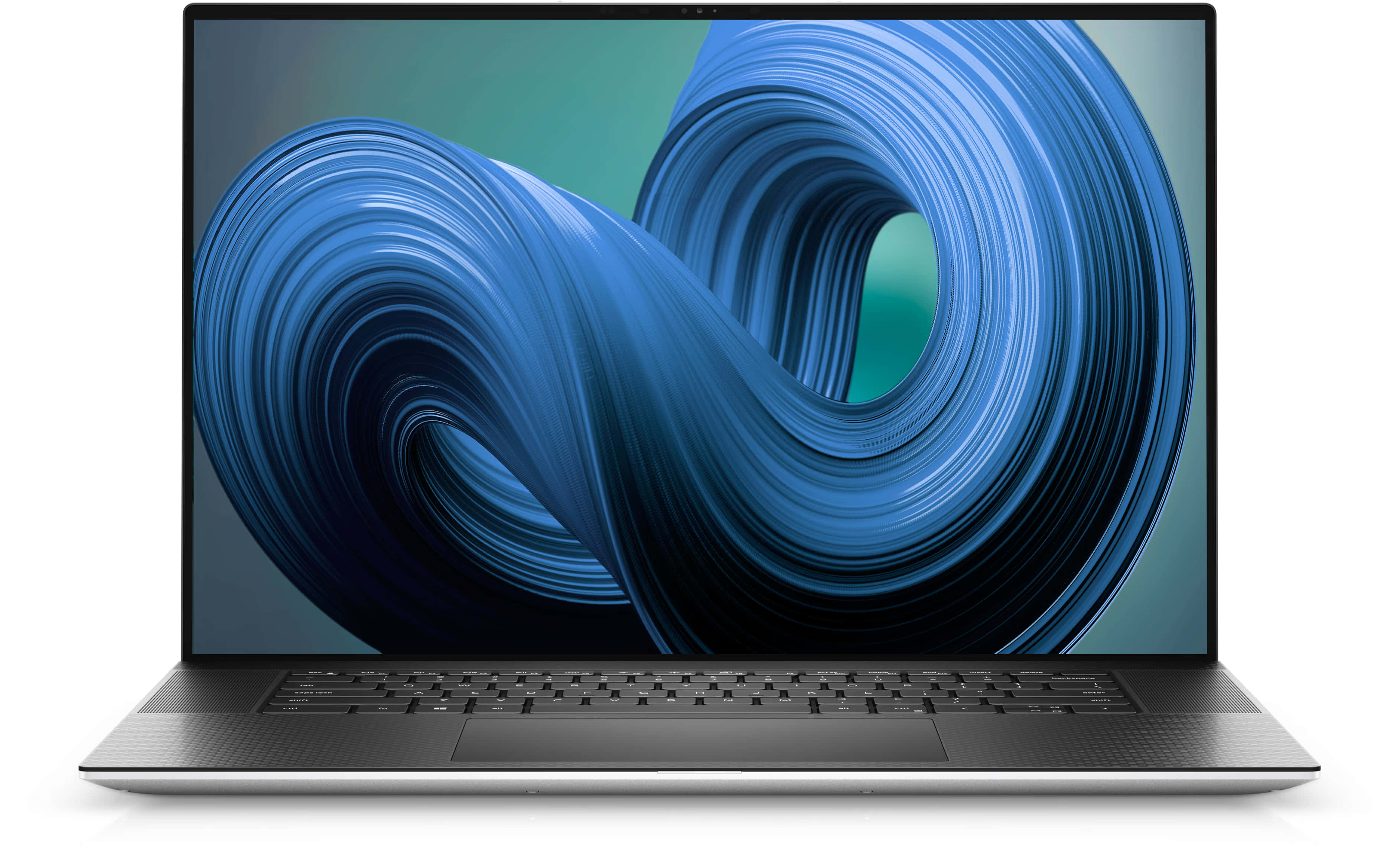 Dell 桌布 壁紙 — 一台時尚的銀色筆記型電腦在純白背景上顯示動態的藍色和藍綠色漩渦抽象桌布。