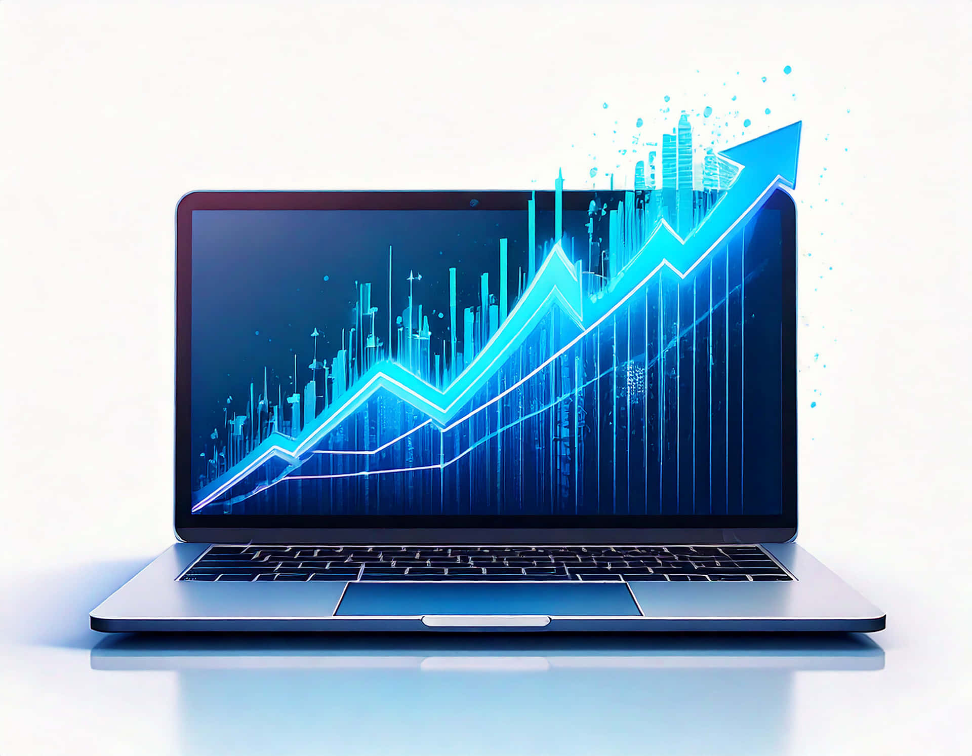 Upward Trending Arrow 壁紙 — 一台時尚的銀色筆記型電腦在純白色背景上顯示一個發光的藍色上升趨勢圖表，並有城市景觀元素從螢幕中迸發出來。