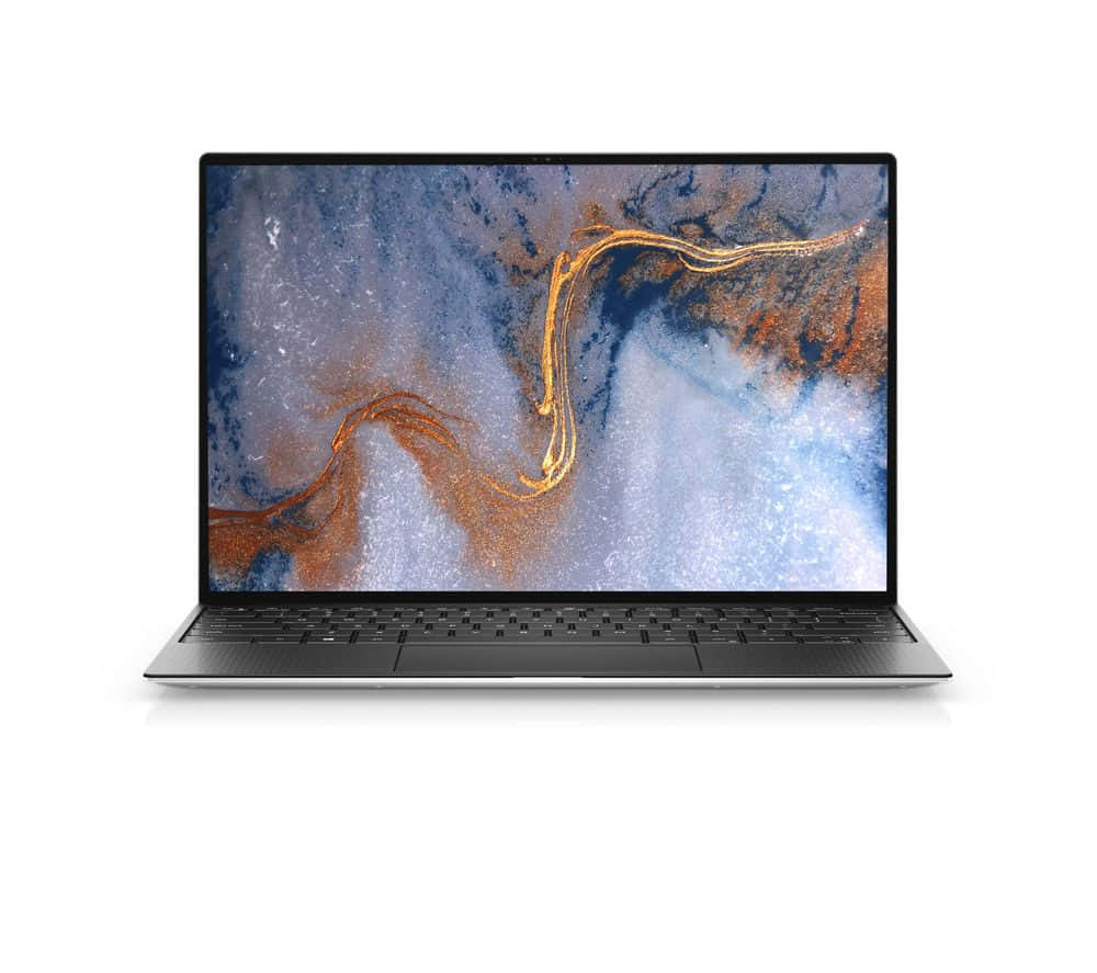 Dell 桌布 壁紙 — 一台時尚的銀色筆記型電腦顯示出充滿活力的抽象桌布，帶有旋轉的金色、銅色和藍色紋理。