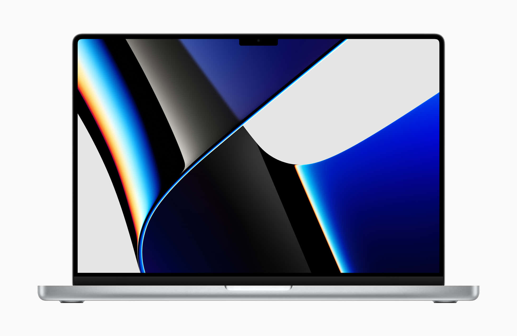 Macbook Retina 桌布 壁紙 — 一台時尚的銀色筆記型電腦顯示出充滿活力的抽象桌布，帶有流動的藍色、白色和黑色幾何形狀。