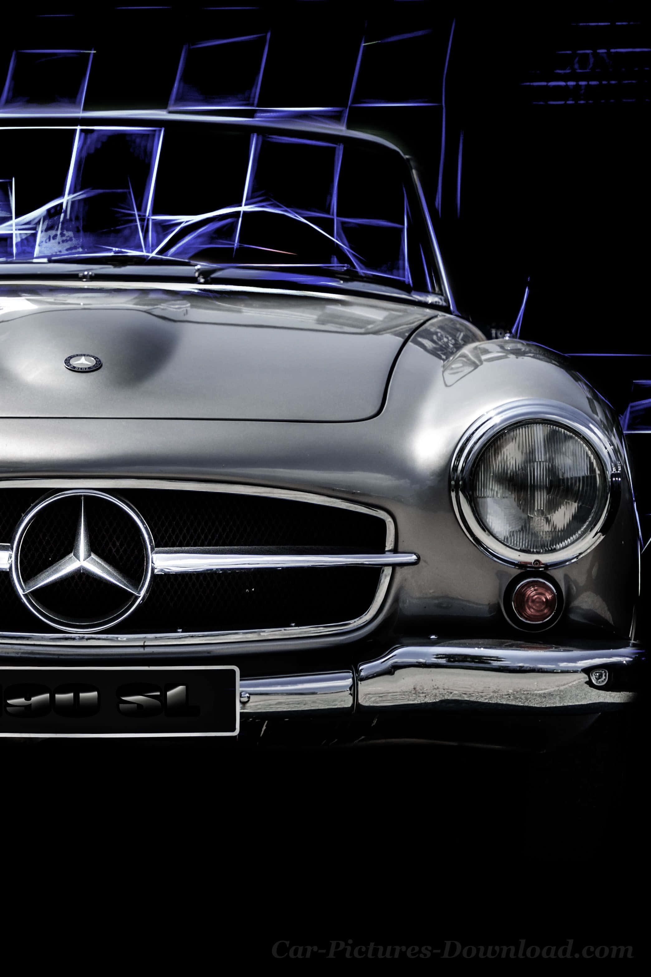 Mercedes 桌布 壁紙 — 一台時尚的銀色賓士300 SL跑車在深色背景下，在戲劇性的藍色霓虹燈下閃耀。
