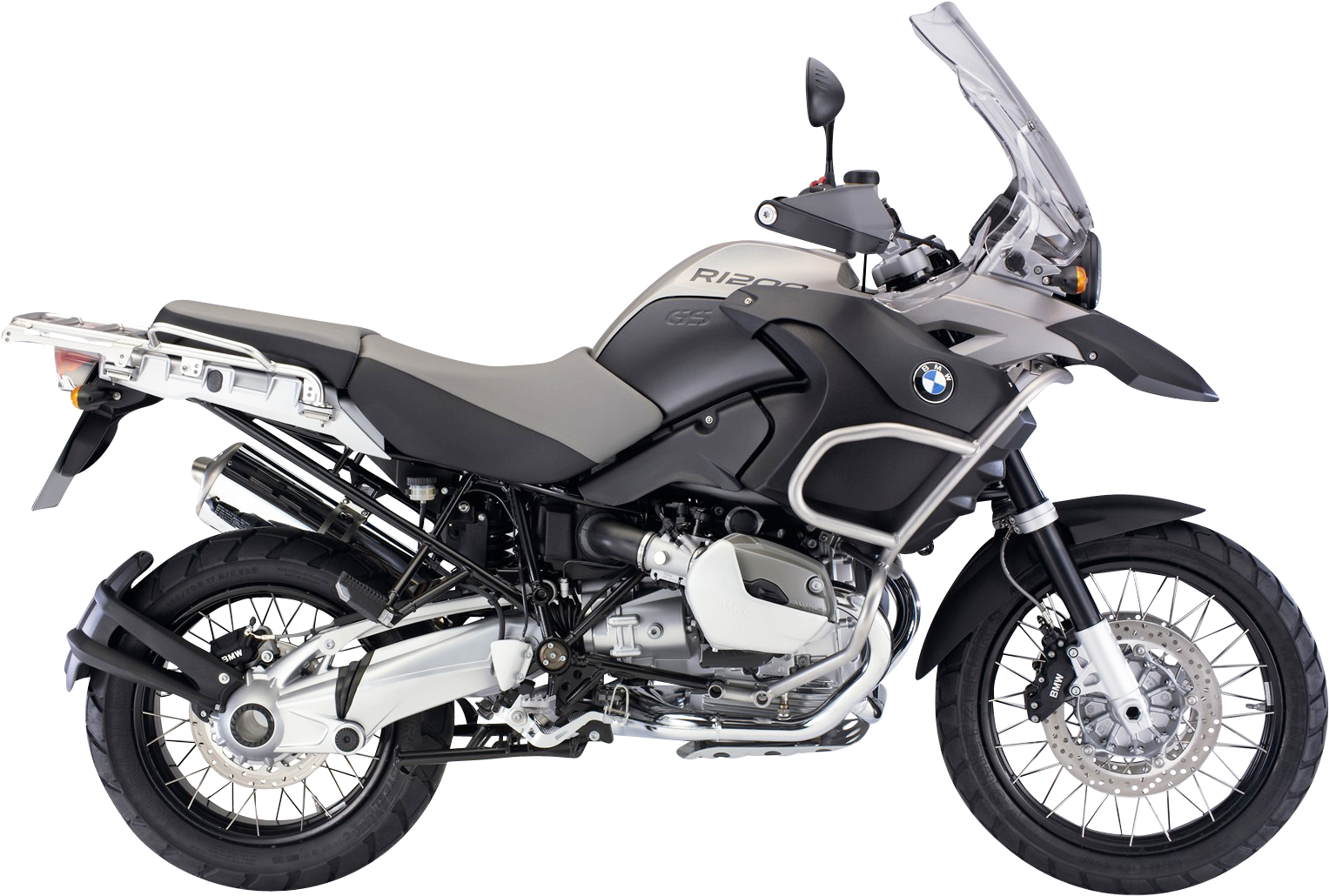 BMW 動圖 桌布 壁紙 — 一台時尚的銀黑色BMW R1200GS冒險摩托車在純黑背景下展現其堅固設計和鍍鉻細節。