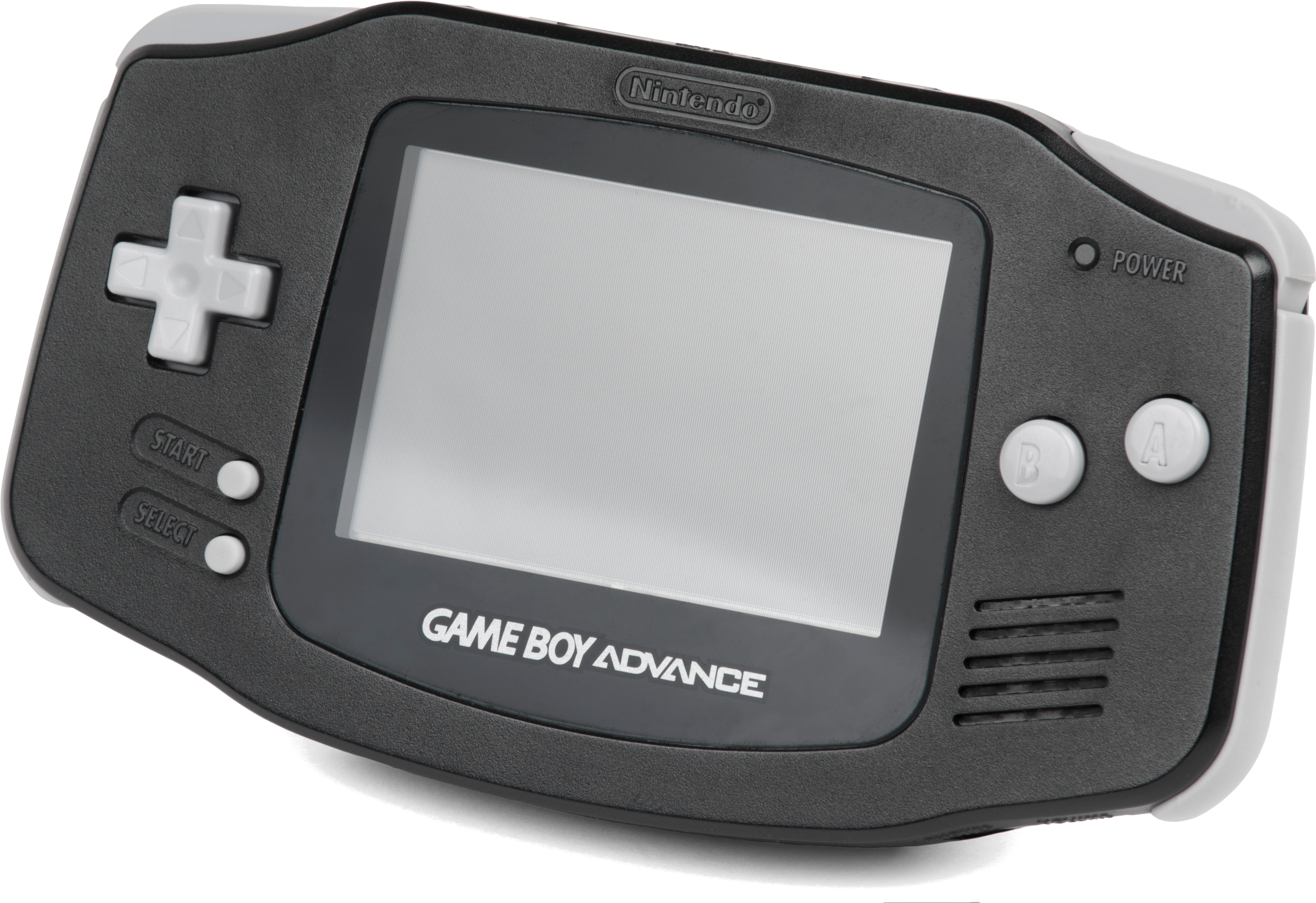 電玩遊戲 桌布 壁紙 — 一台時尚的黑白Nintendo Game Boy Advance主機，傾斜放置在潔白的背景上。