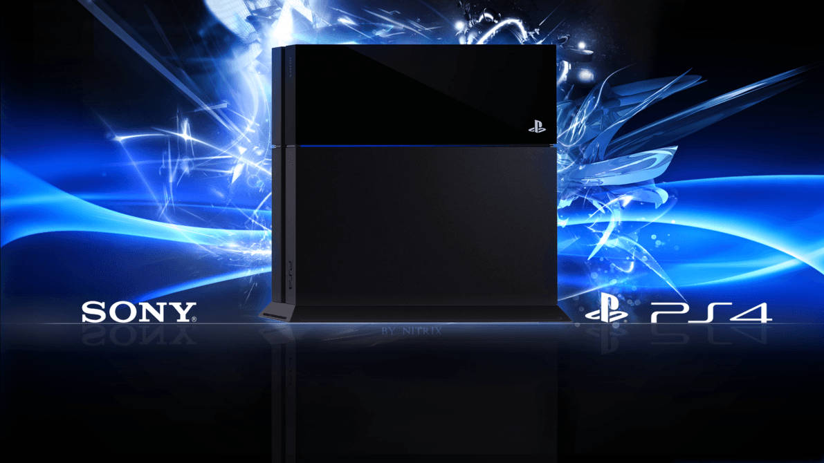黑色 PlayStation 4 主機，帶有藍色能量效果和標誌，位於深色反光表面上。 — Ps4 壁紙