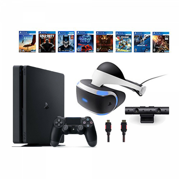PlayStation 桌布 壁紙 — 一台時尚的黑色 PlayStation 4 主機，配備控制器、VR 頭戴式裝置和相機，周圍環繞著遊戲封面。