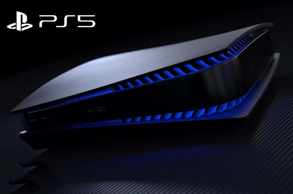 PS5 動態圖片 桌布 壁紙 — 一台時尚的黑色 PlayStation 5 主機在深色紋理表面上散發出鮮豔的藍色 LED 光芒。