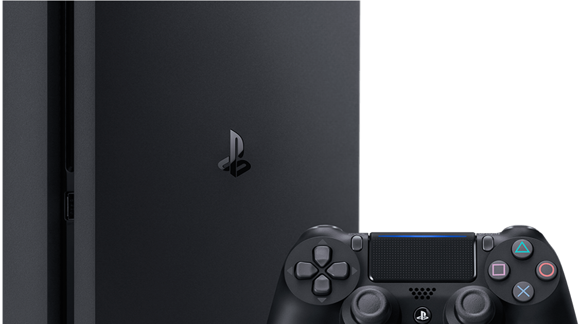 PlayStation 桌布 壁紙 — 一台時尚的黑色 PlayStation 4 主機與其匹配的控制器並排，背景為純黑色。