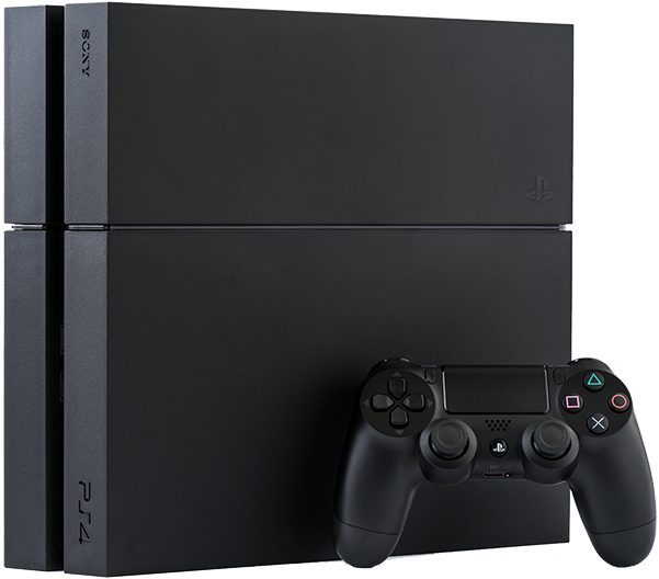 console 桌布 壁紙 — 一台時尚的黑色 PlayStation 4 主機與其匹配的控制器一起立在潔白的背景前。