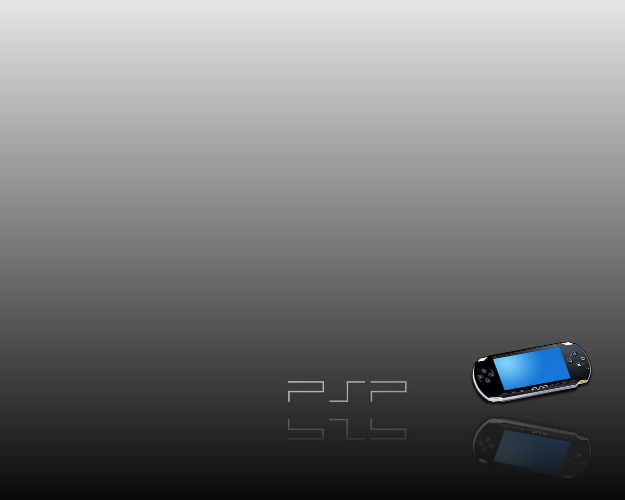 遊戲 桌布 壁紙 — 一台時尚的黑色 PSP 掌上遊戲機，配備藍色螢幕，放置在光滑的深灰色表面上，下方反射出標誌。