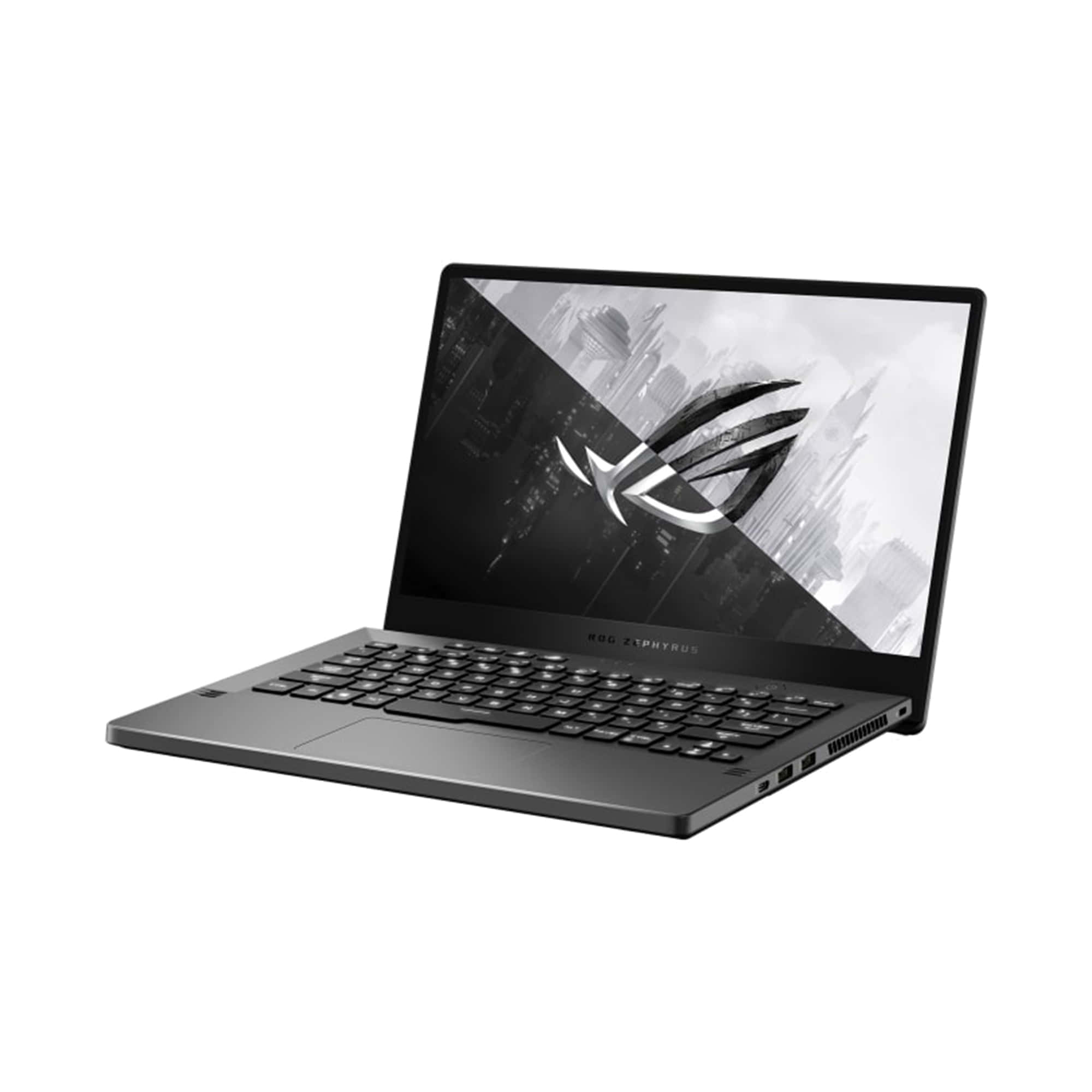 ASUS 桌布 壁紙 — 一台時尚的黑色 ROG Zephyrus 遊戲筆記型電腦在白色背景上打開，顯示單色城市景觀桌布和 ROG 標誌。