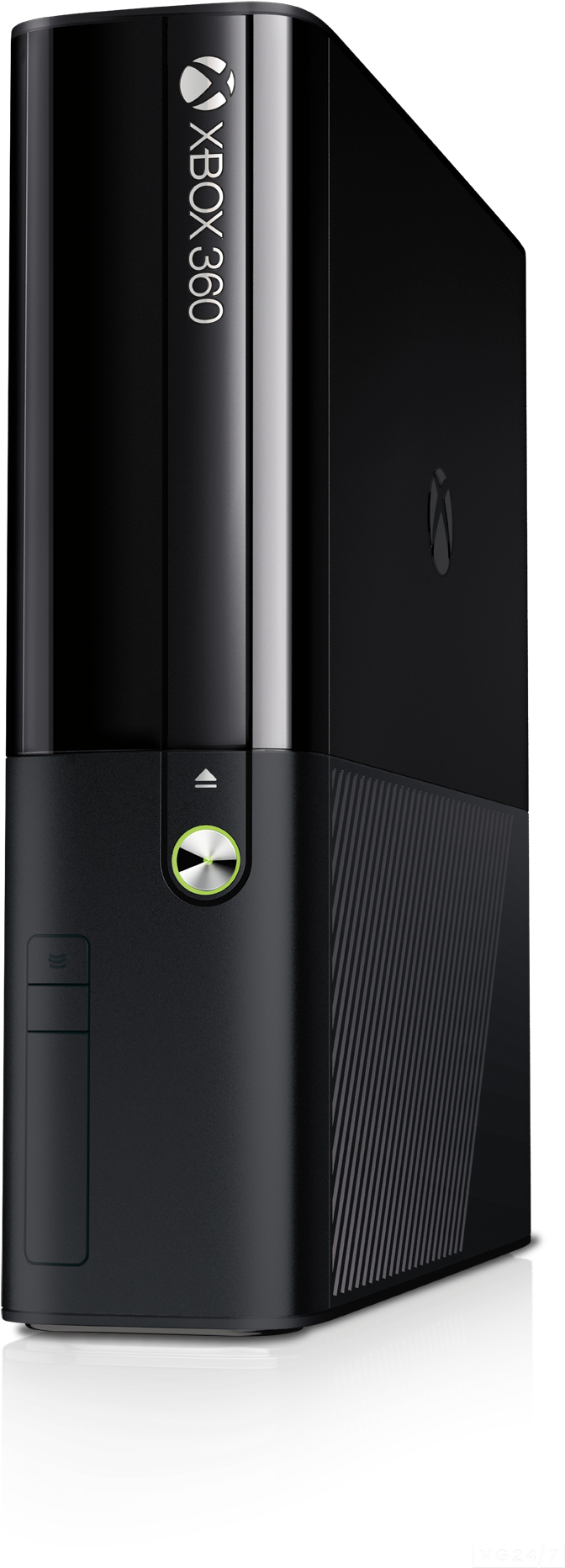 Xbox 桌布 壁紙 — 一台時尚的黑色 Xbox 360 主機，帶有發光的綠色電源按鈕，在深色背景下格外醒目。