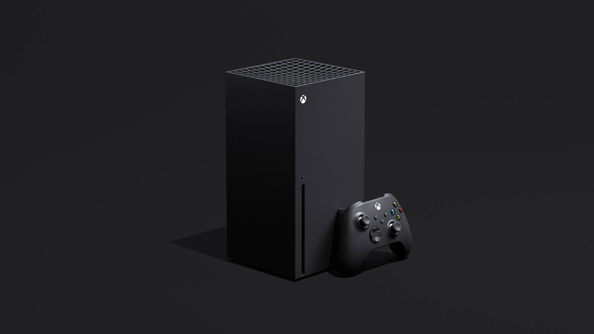 X 桌布 壁紙 — 一台時尚的黑色 Xbox Series X 主機和控制器，在簡約的深色背景上，帶有柔和燈光。