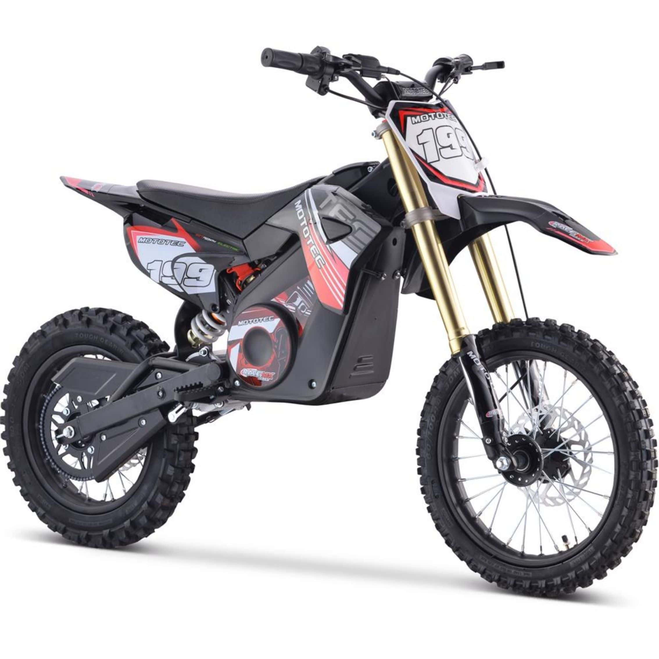 Dirtbike 桌布 壁紙 — 一台時尚的黑色、紅色和金色電動越野機車，帶有號碼199，在潔白的背景前蓄勢待發。