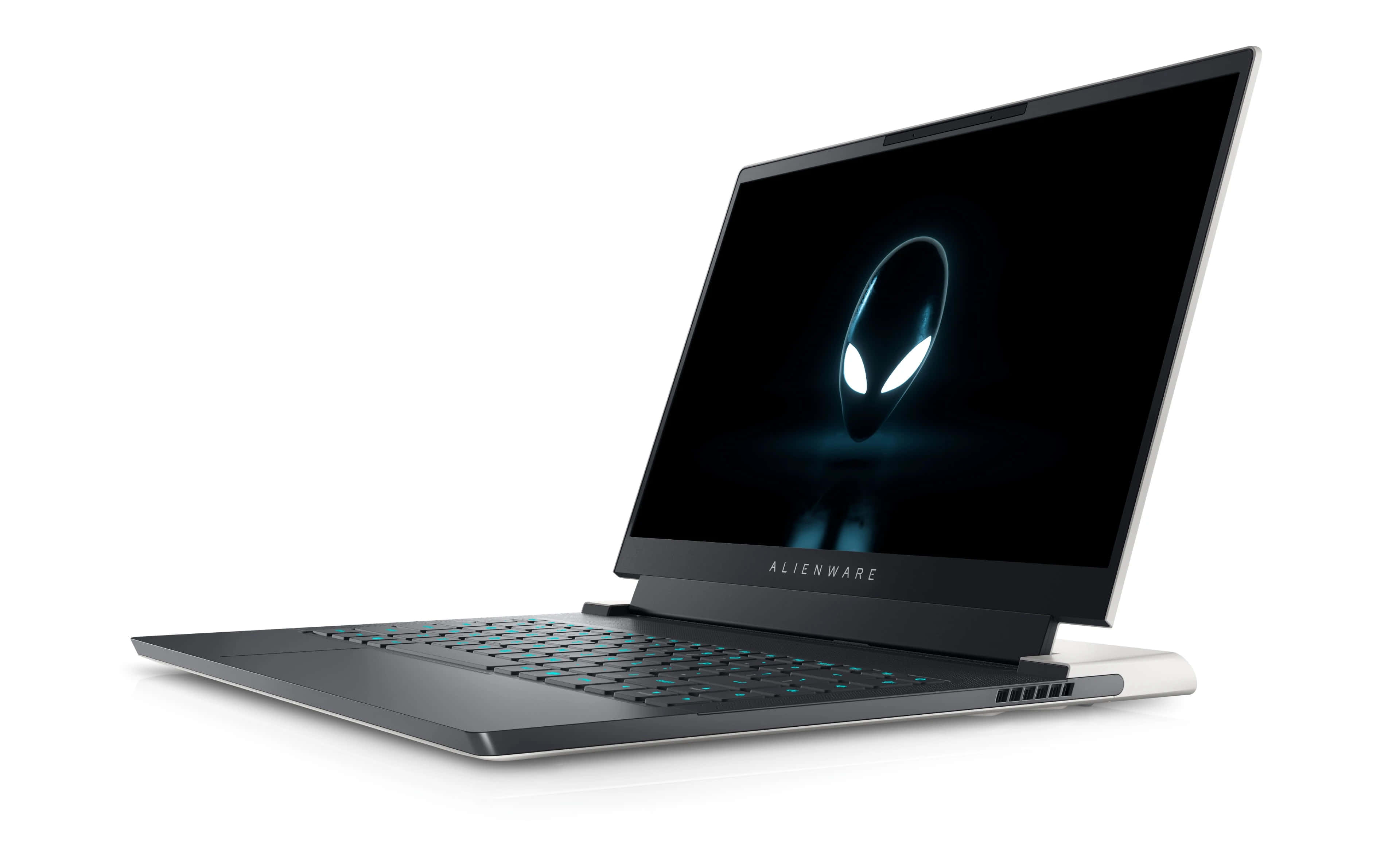 外星人 桌布 壁紙 — 一台時尚的黑色Alienware筆記型電腦，帶有發光鍵盤和螢幕上外星人標誌，背景為白色。