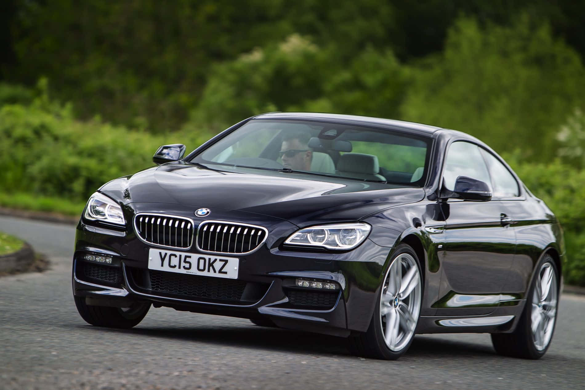 Bmw 6 Series 桌布 壁紙 — 一台時尚的黑色BMW 6系列轎跑車沿著蜿蜒的道路行駛，周圍環繞著茂密的綠色樹葉。