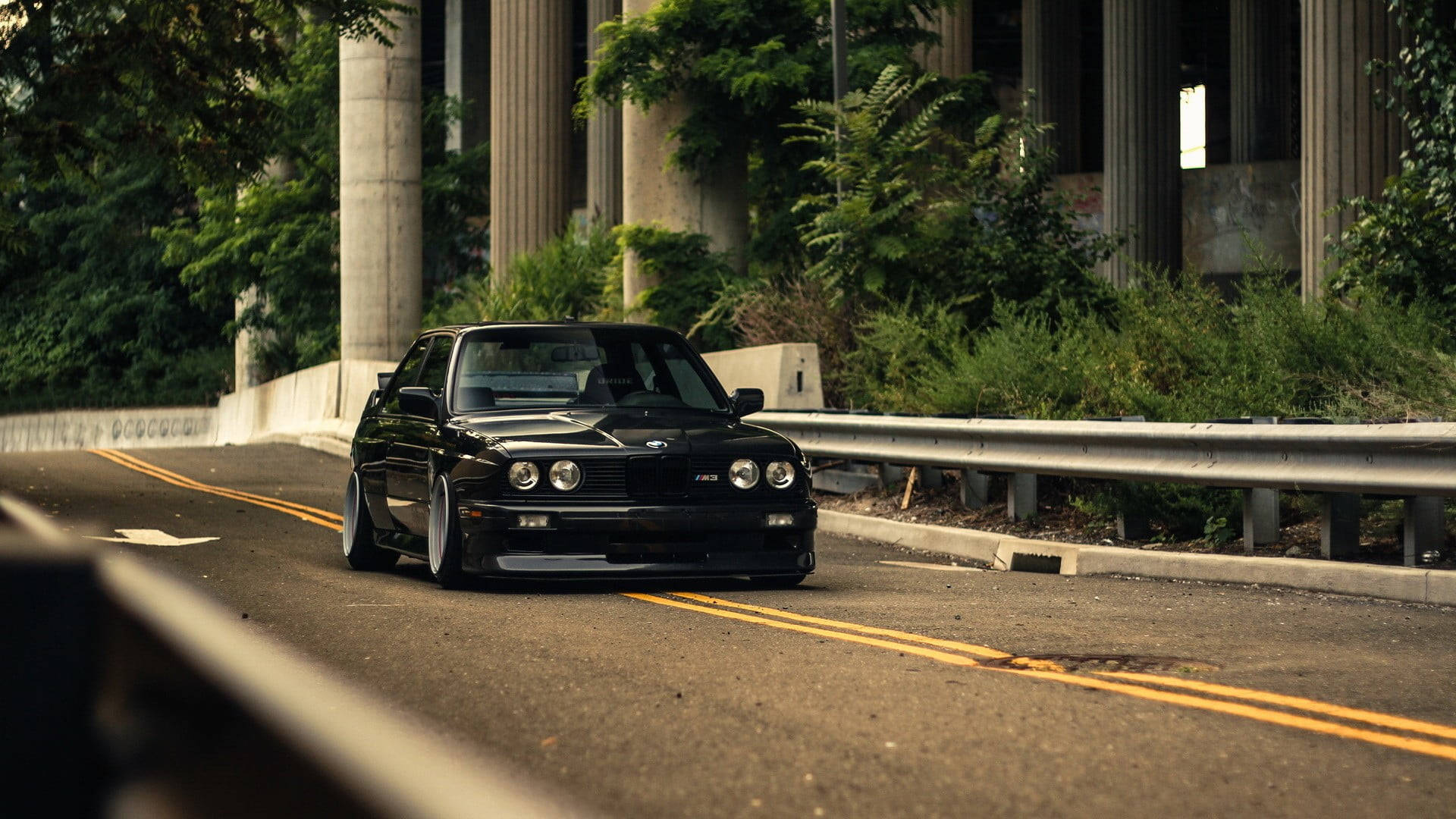 BMW 動圖 桌布 壁紙 — 一台時尚的黑色BMW E30跑車在陽光明媚的城市高速公路上行駛，兩旁是混凝土柱和茂密的綠植。
