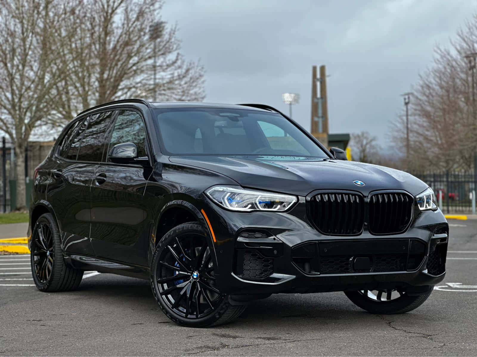 Bmw X5 桌布 壁紙 — 一台時尚的黑色BMW X5 SUV停放在陰天的停車場，背景有光禿禿的樹木。