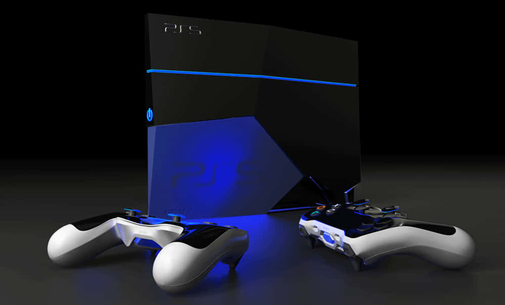PS5 動態圖片 桌布 壁紙 — 一台時尚的黑色PlayStation 5主機，帶有發光的藍色燈光和兩個控制器，放置在深色表面上。