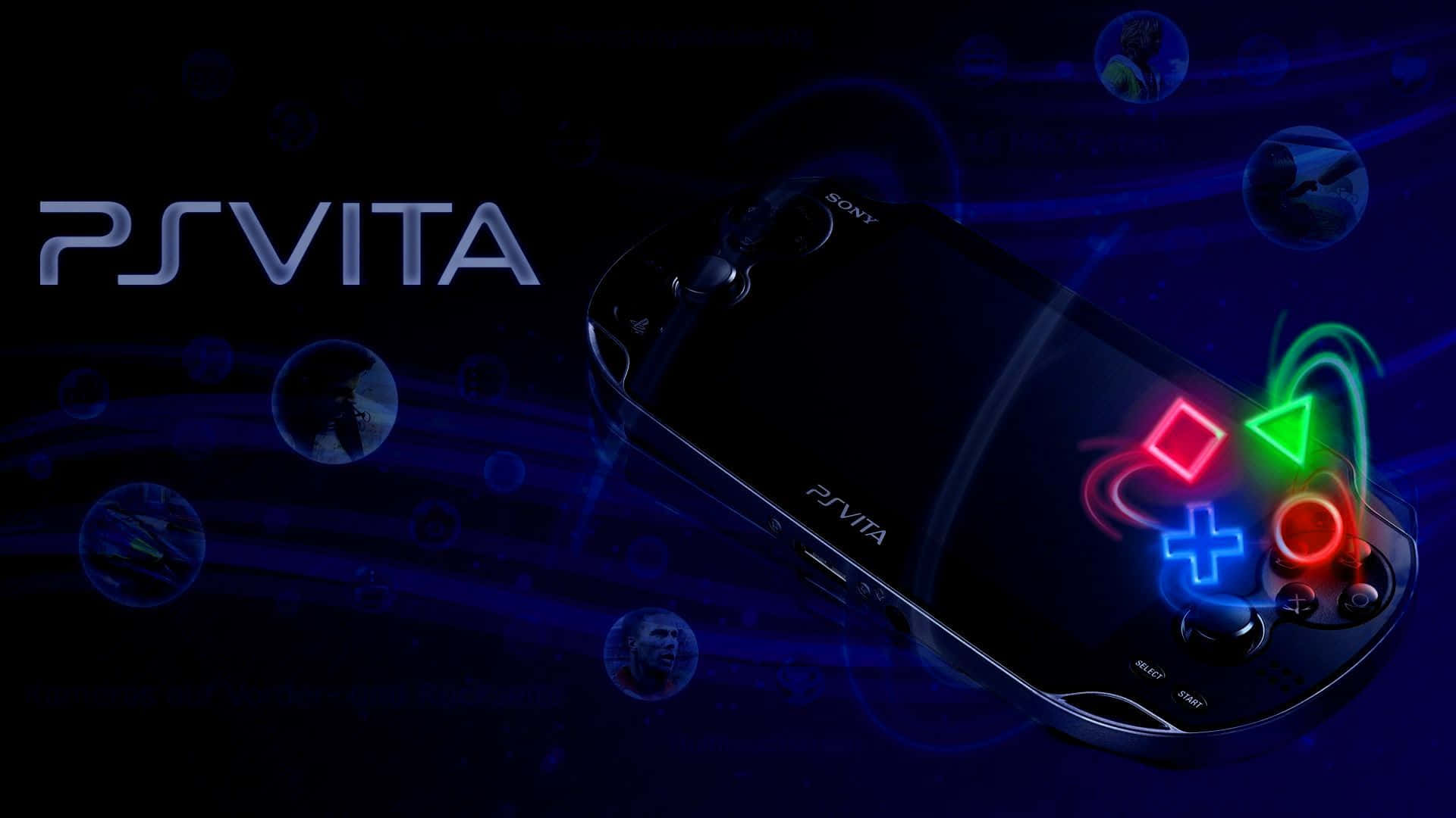 Ps Vita 桌布 壁紙 — 一台時尚的黑色PS Vita主機在深藍色宇宙背景中，搭配漂浮的球體，發出鮮豔的霓虹控制器按鈕光芒。