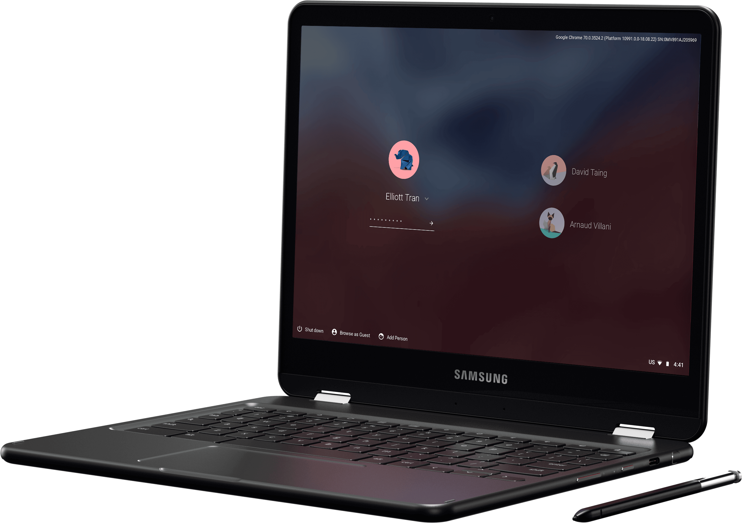 Google Chrome 桌布 壁紙 — 一台時尚的黑色Samsung筆記型電腦在深色漸變背景上顯示Google Chrome OS登入畫面。