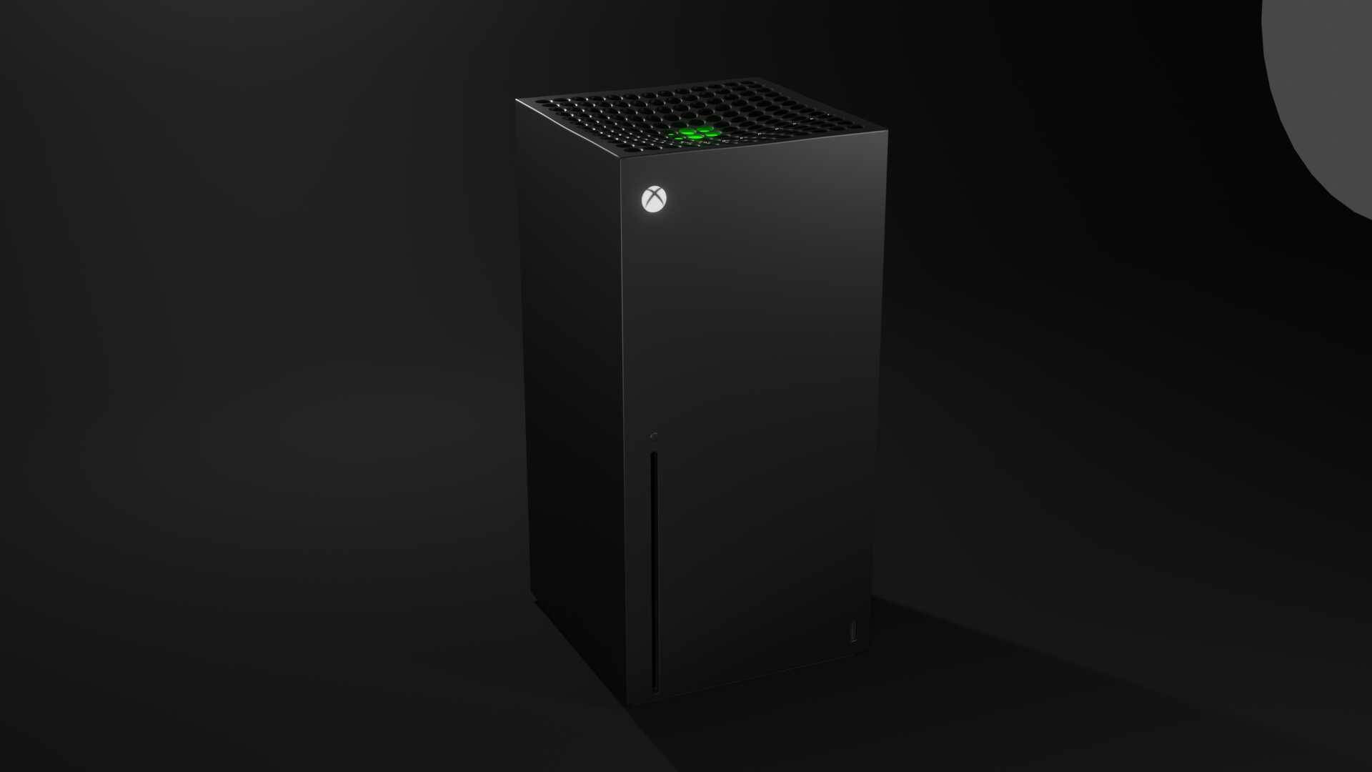 X 桌布 壁紙 — 一台時尚的黑色Xbox Series X主機，在深色漸變背景上被發光的綠色電源燈照亮。