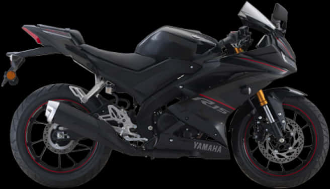 機車 桌布 壁紙 — 一台時尚的黑色Yamaha R15運動機車，帶有紅色點綴和金色前叉，孤立在純黑色背景上。