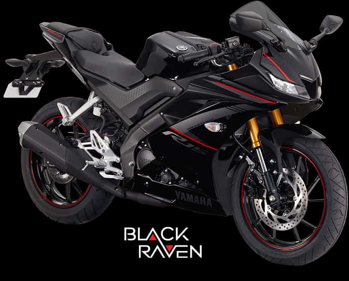 機車 桌布 壁紙 — 一台時尚的黑色Yamaha R15機車，帶有紅色點綴和金色前叉，在純黑背景前蓄勢待發。