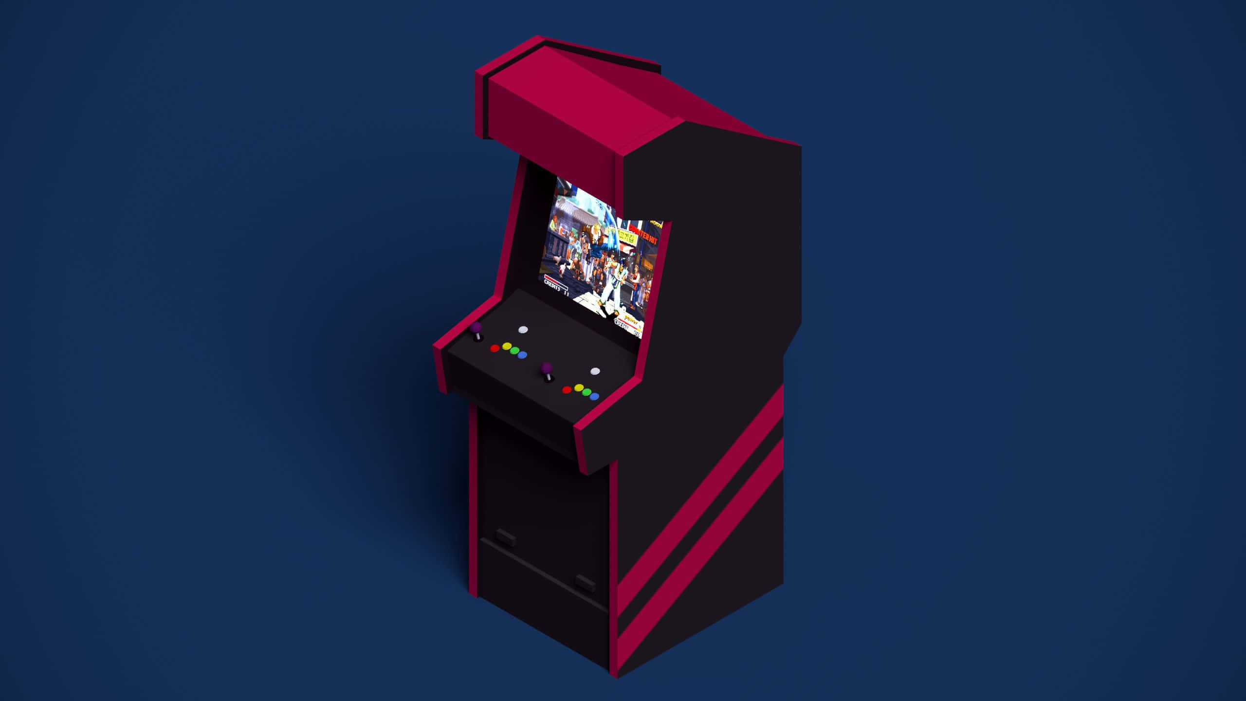 Arcade Aesthetic 桌布 壁紙 — 一台時尚的黑色和洋紅色街機在深藍色背景上顯示充滿活力的遊戲場景。