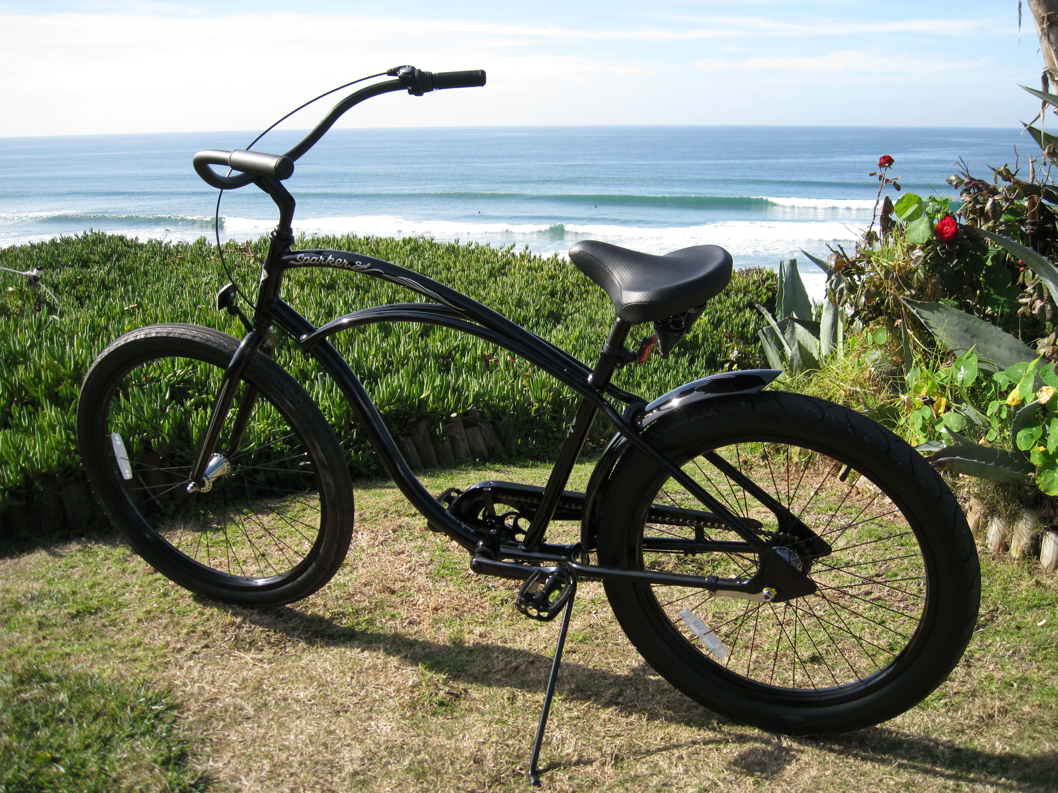 Beach Cruiser 桌布 壁紙 — 一台時尚的黑色沙灘巡航自行車停在草地上，背景有海浪和綠色植物。