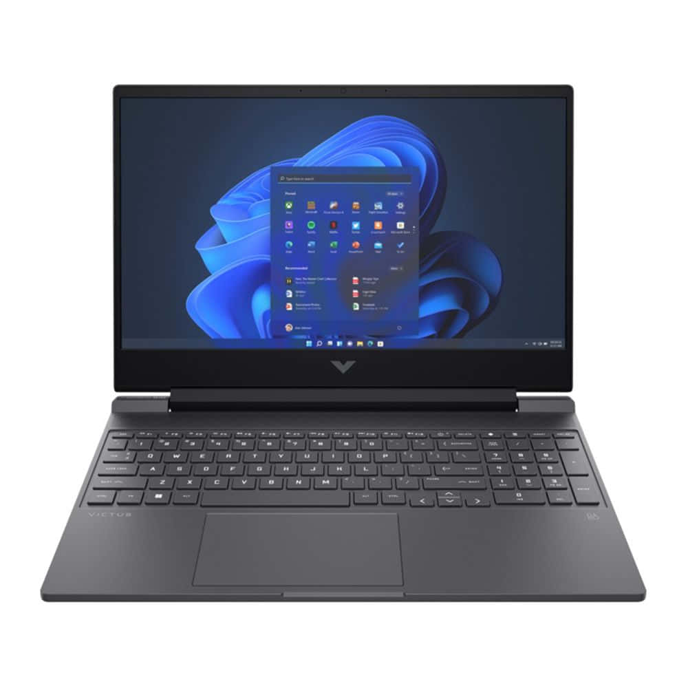 HP 桌布 壁紙 — 一台時尚的黑色筆記型電腦，螢幕上顯示Windows 11介面，背景為白色。