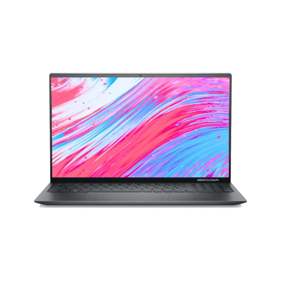 Dell 桌布 壁紙 — 一台時尚的黑色筆記型電腦在白色背景上顯示充滿活力的抽象桌布，帶有旋轉的粉紅色和藍色筆觸。
