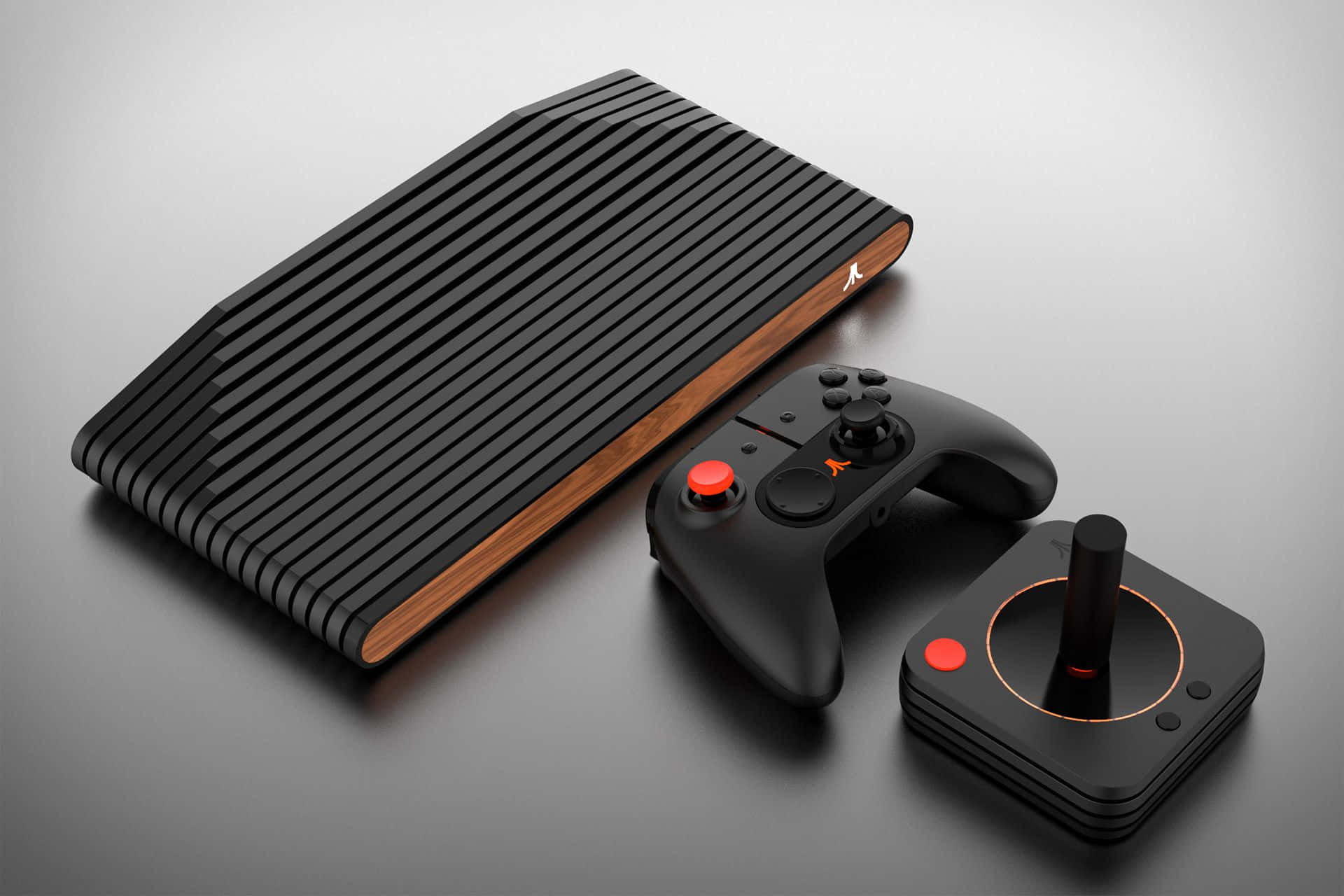 Game Console Emulators 桌布 壁紙 — 一台時尚的黑色遊戲主機，帶有木質飾邊，以及兩個控制器（一個現代風格，一個復古風格），放置在灰色表面上。