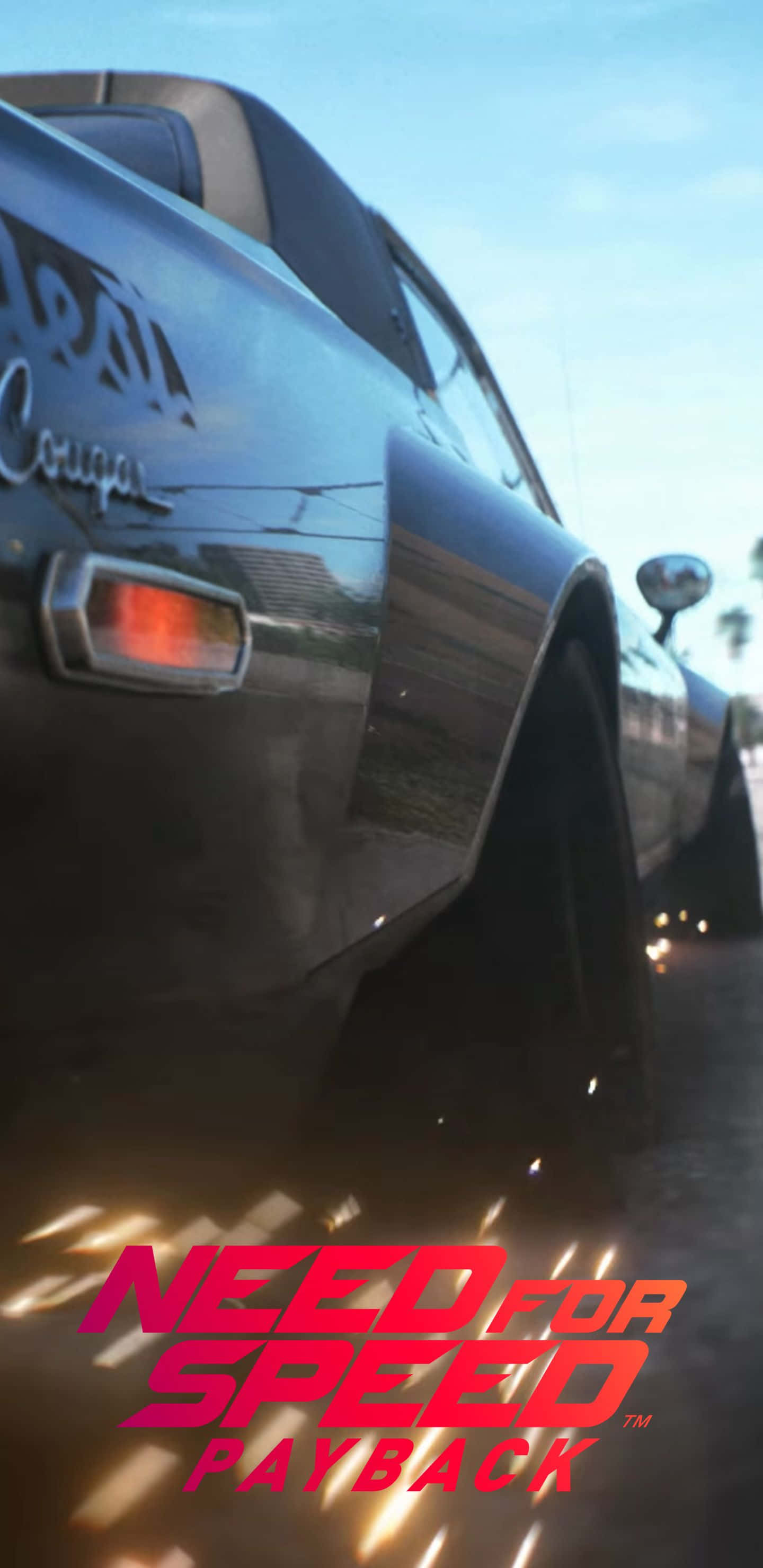 Pixel 3xl Need For Speed Payback 桌布 壁紙 — 一台時尚的黑色雪佛蘭 Camaro Cougar 在塵土飛揚的道路上奔馳，輪胎在明亮的天空下飛濺出火花。