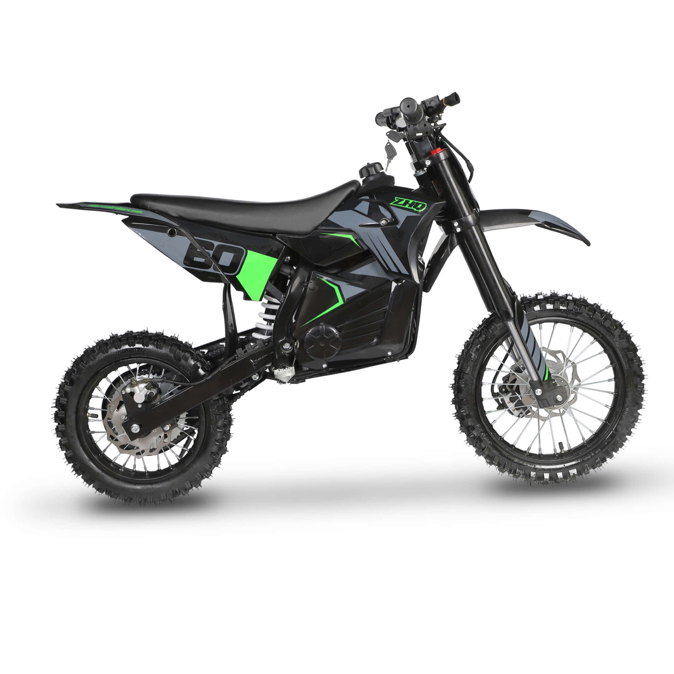 Dirtbike 桌布 壁紙 — 一台時尚的黑色電動越野機車，帶有鮮綠色點綴和堅固的粒狀輪胎，準備好進行越野冒險。