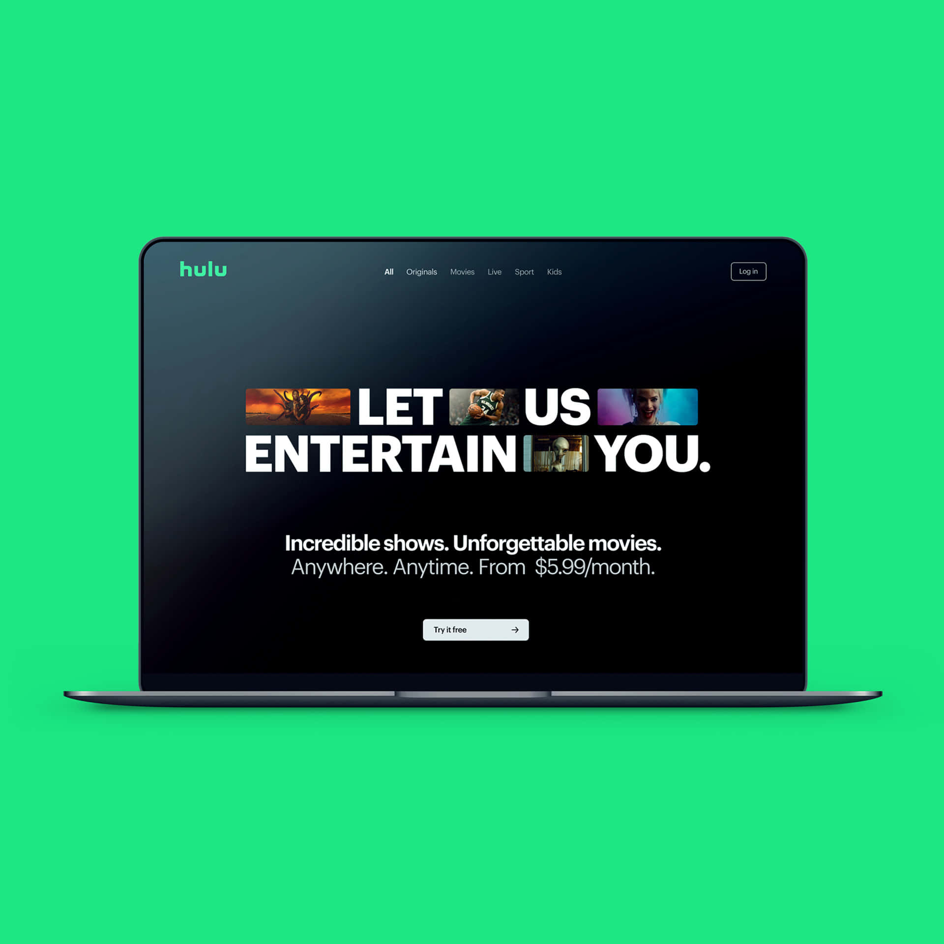 Hulu 桌布 壁紙 — 一台時尚筆記型電腦在充滿活力的綠色背景上顯示Hulu首頁，並以粗體文字邀請觀眾串流內容。